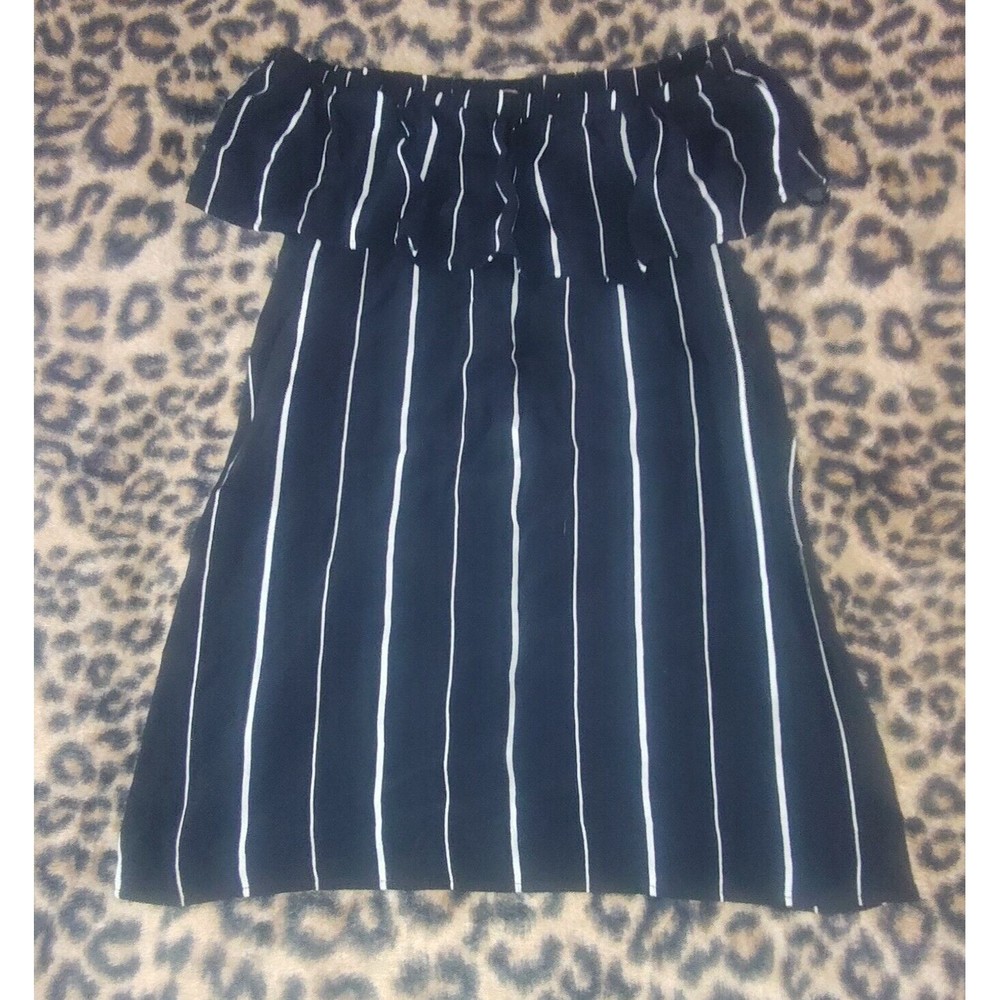 Forever 21 Womens Dress Black Stripe Off Shoulder Mini Flutter Sundress Size Med